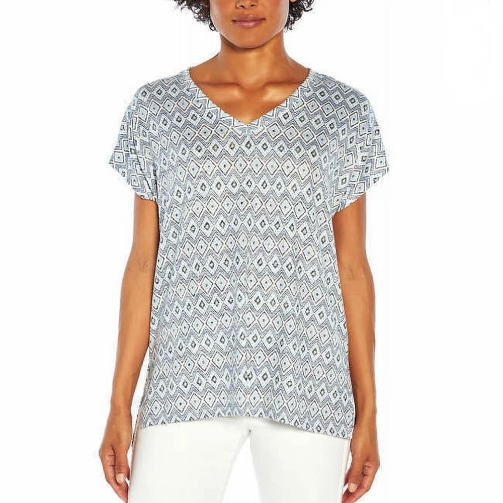 Orvis Geometric Blue Ikat Geometric Design V Neck Tunic Top Ladies Large